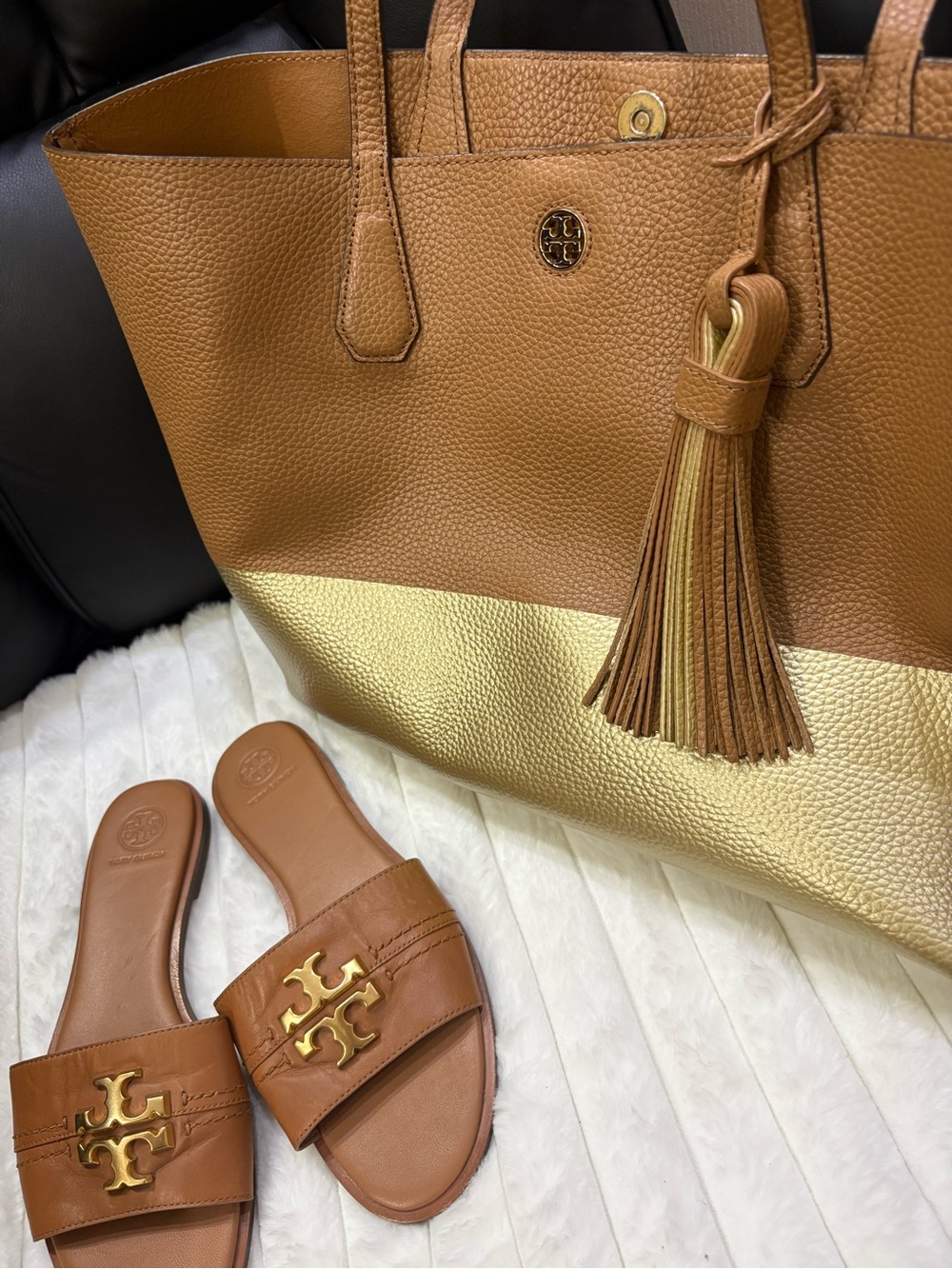 Tory Burch Tan and Gold Leather Tote with Tassel Accent